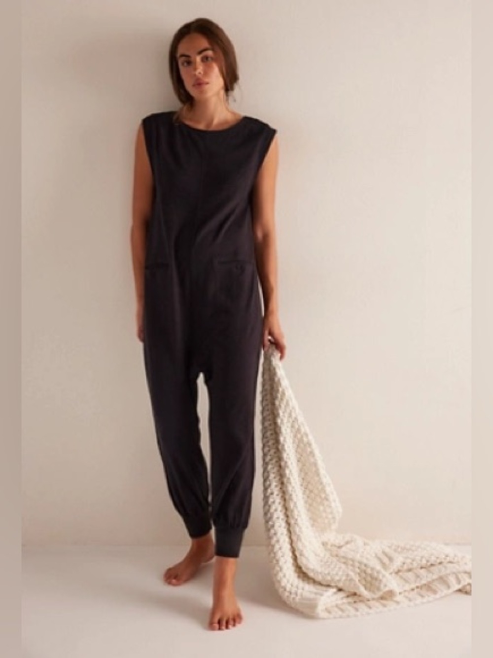 Free People Sleeveless Black Jumpsuit with Cuffed Ankles